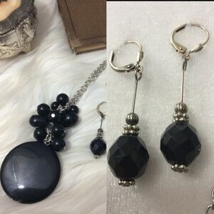 Vintage Jet Black & Silver Necklace Cut Glass sterling 925 Drop Earrings set